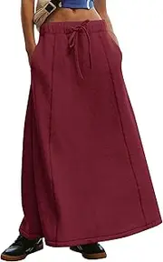 [Meladyan] Women’s Solid A Line Maxi Sweat Skirt Relaxed Fit Low Waist Athletic Skirt with Pockets