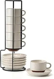 JIEMEI HOME Porcelain Stackable Cappuccino Cups with Saucers and Metal Stand, 7 Ounce Espresso Cups for Latte Coffee Cafe, Specialty Coffee Drinks, Cappuccino and Tea - Set of 6, White