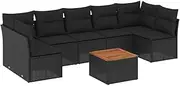 vidaXL Garden Sofa Set with Cushions - 8 Piece Black Modular Poly Rattan Patio Furniture with Storage and Acacia Wood Table