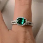 2Ct Oval Lab Created Green Emerald Wedding Bridal Ring Set 14K White Gold Plated