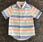 Boys Button Front Striped Short Sleeve Dress Shirt Size 4 Grey Blue White