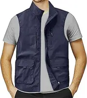 [Generic] Men's Casual Outdoor Work Vest Lightweight Stand Collar Zip Up Cargo Jacket Travel Hiking Fishing Vest with Pockets