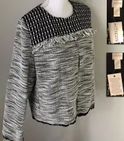 NWT CHICOS BLACK WHITE SILVR RIBBON TWEED FRINGE TRIM SWEATER JACKET TOP 3 16 XL