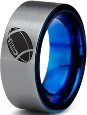 Tungsten American Football Ball Band Ring 8mm Men Women Comfort Fit Blue Flat Cut Brushed Gray Polished Size 4