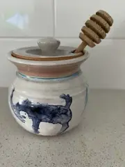 Studio Art Pottery Hand Thrown Honey Pot Jar With Lid & Wood Dipper Artist Mark