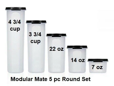 Tupperware NEW Modular Mate Round food container set of 5 Black seals FReeSHip