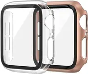 2 Pack Hard PC Case Compatible with Apple Watch Series 6 / SE / 5/4 40mm Women Men, Overall PC Case Slim Tempered Glass Screen Protector Protective Cover for Apple iWatch 40mm SE Clear Rose