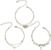[SGQTZDZQ] 3 Pcs Ankle Bracelets for Women, Anklets Bracelet Double Layered Heart Pendant and Butterfly Design, Adjustable Boho Anklet