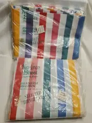 Vintage 70s West Point Pepperell Muslin Full Flat Fitted Sheet Set Striped NOS