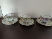 Vintage Porcelain Nippon Yoko Boeki Irridescent Tea Cups and Reticulated Saucers