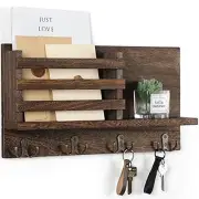 Lwenki Key & Mail Holder for Wall - Rustic Natural Paulownia Wood, 4 Double-Hook