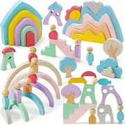 Lewo Wooden Rainbow Stacking Toys for Toddlers, 46 Pcs Stacking Building Blocks with Little People/Tree/House/Mountain, Montessori Toys Birthday Gifts for Preschool Kids 3 4 5 Years Old
