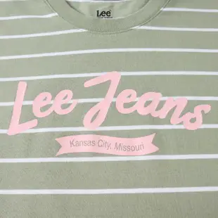 【Lee 官方旗艦】女裝 短袖T恤 / 條紋 Lee jeans 左前開岔設計 灰湖綠(LL220207152)