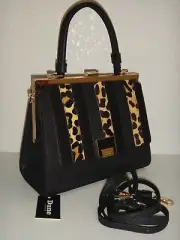 DUNE London Womens Satchel Hand-Bag Black Faux Leather Leopard Calf Hair Details