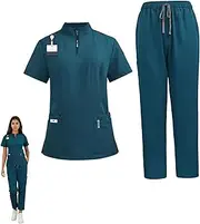 [Comebachome] Scrubs for Women, 1 Set Standing Collar Scrub Top & Jogger Pant, Zipper Scrub Set for Doctors, Nurses (L, 170-178CM) Blue