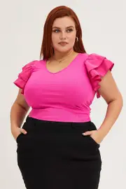 Pink Cotton Top Crew Neck Layered Flutter Sleeve