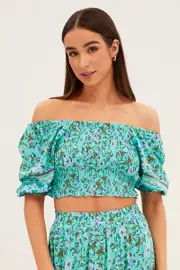Green Frilled Hem Half Puff Sleeve Square Neck Crop - Size 14, Women's Crop Top