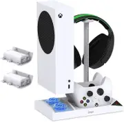 Upgraded Vertical Cooling Fan Stand for Xbox Series S, Cooler Fan System Dual Controller Charging Dock Station with 2 X 1400Mah Rechargeable Battery Pack, Headphone Bracket for Xbox Series S (White)