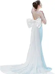 [Chuarry] Extra Long 67" Satin Big Bow Detachable Train Removable Sweep Train Waist Sash Belt for Bride Formal Wedding Dress, Ivory White
