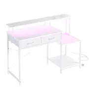 Advwin 120cm Gaming Desk with LED Lights Power Outlets Reversible Printer Storage Shelf Computer Desk White