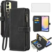 [Asuwish] Phone Case for Samsung Galaxy A25 5G/A24 4G/M34 /F34 Wallet Cover with Tempered Glass Screen Protector Leather Flip Credit Card Holder Stand Cell Accessories A 25 25A 24A LTE Women Men Black