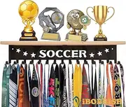 iBobbish Premium Trophy and Medal Display Shelf 16inchL,Metal Trophy Shelf with Hooks Upgraded,Large Bamboo Trophy Board Display,Sturdy Trophy Shelf with Hooks for Medals Metal Wall Mount Medals