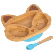 2pc Tiny Dining Blue Bamboo Fox Baby Weaning Plate & Fork Set with Suction