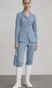 BNWT Zara Woman blue and white gingham shirt blazer TRF size XS