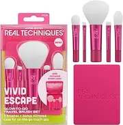 Real Techniques Vivid Escape Glow-To-Go Travel Makeup Brush 6 Piece Set, Mini Size Makeup Brushes For Eyeshadow, Concealer, Contour, & Blush, Includes Mirror Cosmetic Case, Cruelty-Free & Vegan