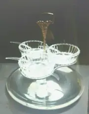 Kromex Mid-Century Triple Chip 'N Dip Carousel Server Silver Chrome Glass NIB