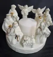 Nativity Candle Holder with Candle Gold Trim Baby Jesus Angels Wiseman 5.5" Tall