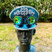 Blue Steampunk Sequin Hat Burning Man Halloween Costume Captain Hat With Goggles