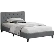 ALFORDSON Bed Frame Base Single Size, Bed Platform Foundation with Linen Fabric Upholstered Tufted Headboard for Mattress Topper, Madelyn Fabric Grey
