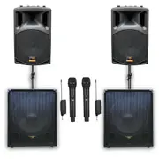 E-Lektron Quadix Q305 2800W Active & Subwoofer Vocal Speakers Sound System with linkable UHF Mics and Poles