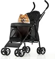 MoNiBloom 4 Wheels Pet Stroller, Easy-Fold Puppy Cage Jogger Stroller with Sun Cover, Pad and Rear Storage Bag, Breathable and Visible Mesh for Small/Medium Pets up to 22 lbs, Black