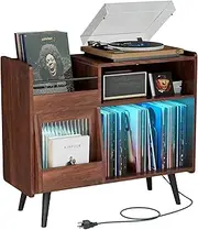 Large Record Player Stand with Sliding Door, 350 Vinyl Record Storage Cabinet, Record Player Table with Power Outlet and LED Light, Swivel Stand with