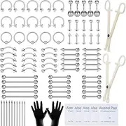 88PCS Body Piercing Kit with Piercing Jewelry and Tools for Nose Septum Belly Button Lip Ear Tongue Cartilage Eyebrow Daith Earrings 14G 16G Needles Gloves Clamps Tools, 88 Piece Set, Stainless Steel