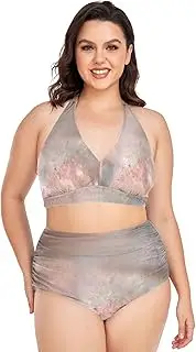 [Caihoyu] Ladies' Plus Size Two-Piecing Swimwear Tummy Control Bathing Suits High Waisted Bikini Swimwear Mothers of Pearl_pink L