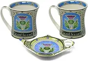 [Royal Tara] Set of 1 Scotland Tea Bag Holder with Thistle and 2 Mugs with Thistle New Bone China Scottish Porcelain Cup11fl oz