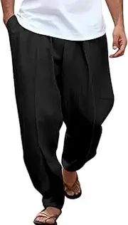 [Generic] Casual Linen Pants for Men Loose Fit Straight Leg Yoga Beach Pants Summer Lightweight Vacation Trousers with Pockets