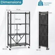4-Tier Foldable Metal Storage Shelf with Lockable Wheels, 60 kg Capacity, Black