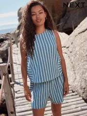 Blue/White Towelling Striped Tank 100% Cotton Top (AU4002) | $24