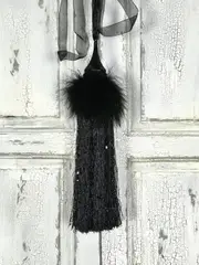 Pair 2 pieces Curtain Tie Backs - 30cm Tassel with Feathers and Long Beaded Fringing - Black