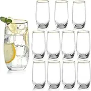 Icesip Drinking Glasses Set of 12, Crystal Tall Highball Water Glasses 13 oz Gold Rimmed Glassware Cups Drinking for Whiskey Cocktail Juice Water Beverage Mojito