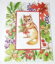 Vtg Christmas Card Elizabeth Golz Rush Gathering Gifts Chipmunk with Berries
