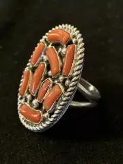 Native American Navajo Sterling Silver Cluster Orange Coral Ring Size 9 00509