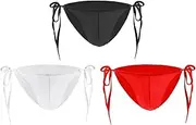 [Holiberty] 3PCS Men's Sexy Underwear G-Strings Thong Bulge Pouch Translucent Ice Silk Low Rise Underpants with Side Tie, Black＋white＋red, One Size