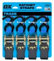 OX OX-T201504 - Ratchet Tie Down Straps 250kg 25mm x 4m - 4 Pack