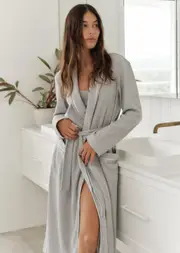 [Lorna Jane] Waffle Rest And Recover Robe in Grey, Cotton, Size - Medium/Large M/L Grey Marl