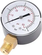 Double Scale Mini Pressure Gauge 0-60psi/0-4bar, Portable Dial Instrument for Air, Water, Oil (with 1/4 NPT Brass Side Mount)